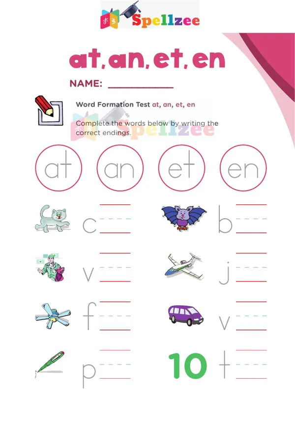 Preview of the Spellzee Word Endings: at, an, et, en worksheet